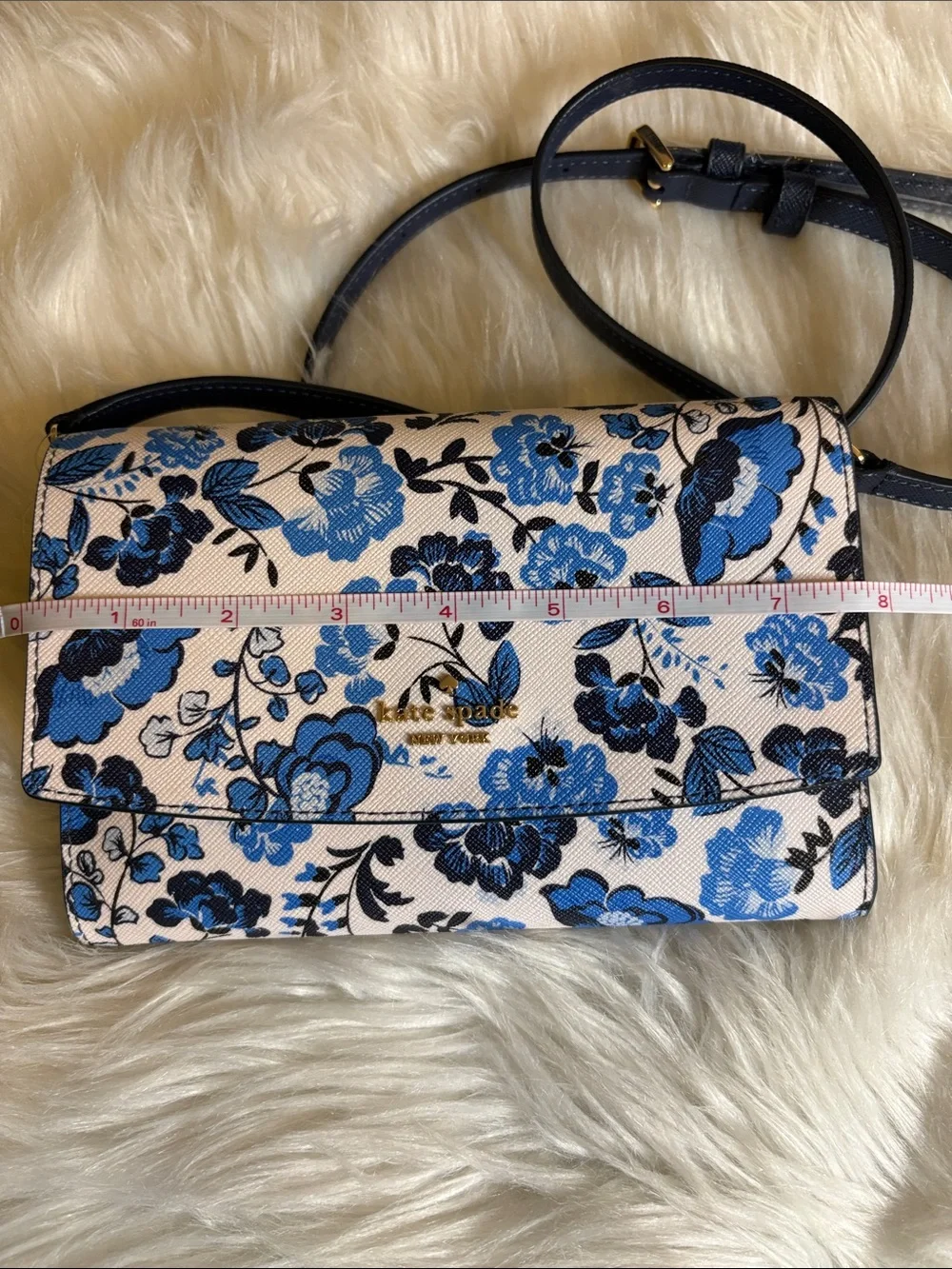 kate spade Blue and Black Vase Floral Crossbody wallet on a string Perry